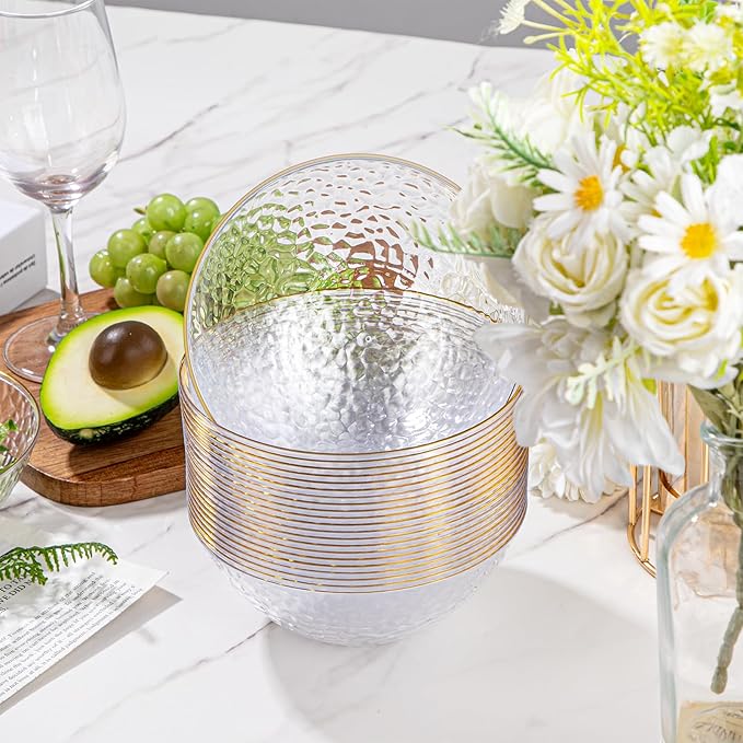 Tinybee 50 Pack Clear Plastic Bowls - Clear Disposable Bowls for Party with Gold Rim, 16-20oz Premium Hammered Bowls Disposable Heavy Duty, Plastic Salad Bowls for Milk Cereals, Snacks, Salads