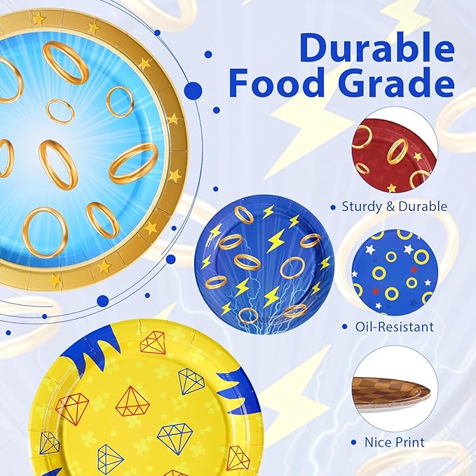 60Pcs Blue with Gold Ring Paper Plates 9" Disposable Heavy Duty Cartoon Tinsel Video Games Dessert Paper Plates Hedgehog Party Tableware Set for Kids Birthday Baby Shower Party Decorations
