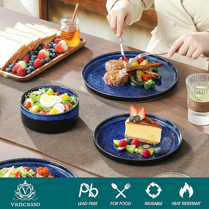 vancasso Starry Plates and Bowls Sets for 8, 24 Pieces Blue Dinnerware Sets for Kitchen, Modern Stoneware Dishes Set, Dishwasher and Microwave Safe