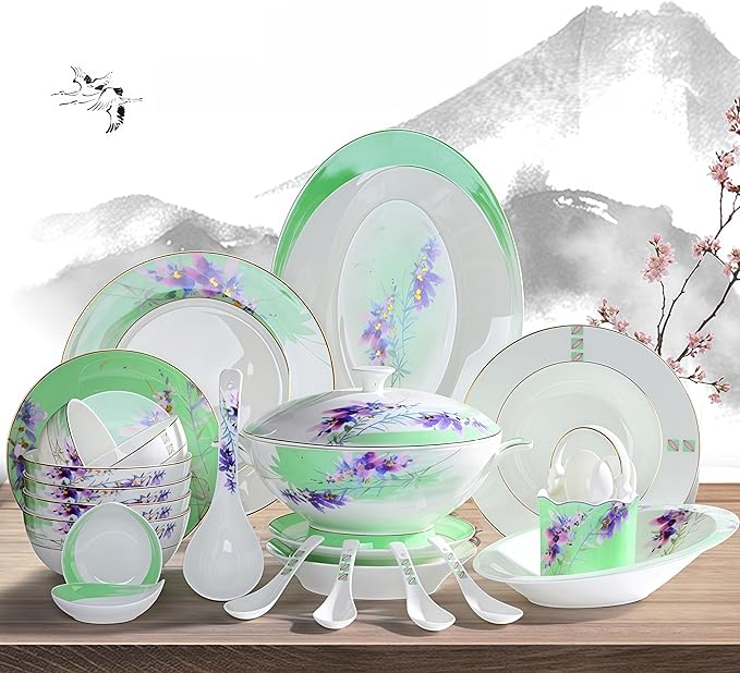 50 Pcs Fine Bone China Dinnerware Set, Porcelain & Ceramic Dinnerware Sets, Bone Stoneware & Ceramic Cookware Tableware Set Includes Dinner Plates|Spoons|Pasta Bowls|Soup Pot|Chopsticks