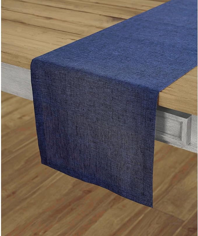 Solino Home Linen Table Runner 72 Inches Long - Athena, 100% Pure Linen Chambray Navy 14 x 72 Inch Table Runner for Dining, Spring, Winter