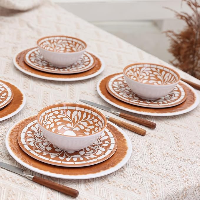 Melamine Plates and Bowls Set, 12-Piece Melamine Dinnerware Set, Dinner Serving Dishes Set for 4, Unbreakable, Brown-Yellow