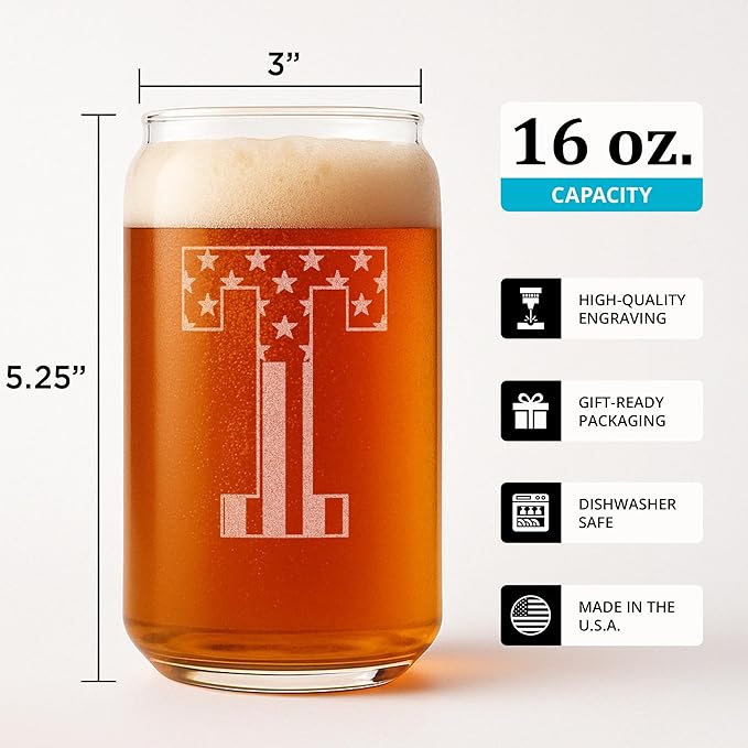 Monogram Beer Glasses for Men (A-Z) 16 oz - Beer Gifts for Men Brother Son Dad Neighbor - Unique Gifts for Him - Personalized Drinking Gift Beer Glass Mugs - Engraved Beer Can Glass (T)