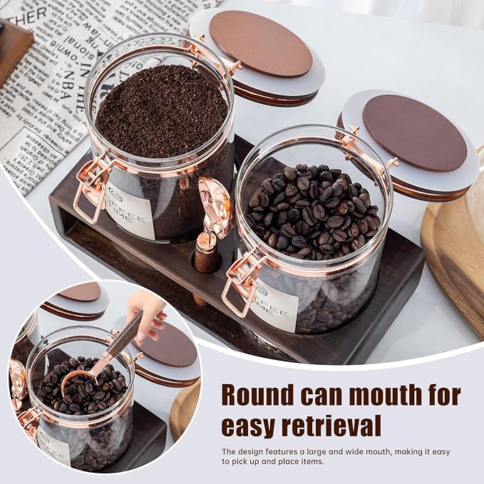 Glass Coffee Canister Set with Shelf and Spoon, Set of 2 Coffee Containers for Storing Ground Coffee Beans, Sealed, Coffee Bar Coffee Filter Holder