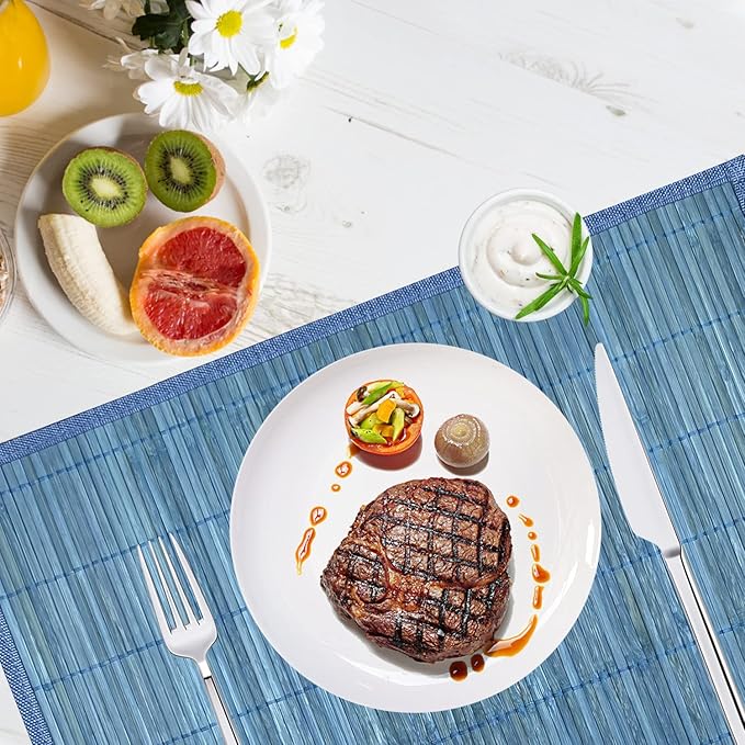 ANDSTAR Bamboo Placemats Set of 8 Non-Slip Waterproof - 12x18 Inch Reusable Table Mats for Kitchen Dining, Eco-Friendly Thick Heat Resistant Dishwasher Safe Home Decor (Blue)