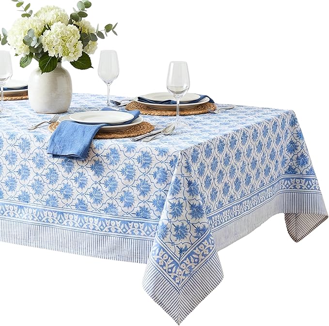 ATOSII Padma Blue 100% Cotton Rectangle Summer Tablecloth, Indian Block Print Floral Table Cloth I Dining Parties Weddings Outdoors Holidays 60 X 90 Inches, 6 Seater I Grandmillennial Farmhouse Boho