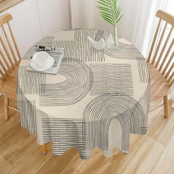Boho Round Tablecloth, Mid Century Minimalist Abstract Aesthetic Modern Tablecloth for Home Party Dining Room Kitchen Decor 70Inch(178cm)