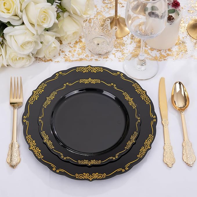 DaYammi 150Pcs Black Gold Plastic Plates & Plastic Silverware,Black Disposable Plates for Party Include 30 Dinner Plate,30 Dessert Plate,30 Knives,30 Forks,30 Spoons,black plates for Party Wedding