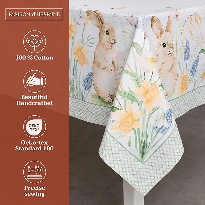 Maison d' Hermine Table Cloth Rectangle Table 100% Cotton 60 x 108 Inches Tablecloth Reusable Decorative for Dining Room Farmhouse Home Valentines Day Decorations Spring Summer - Easter Dew