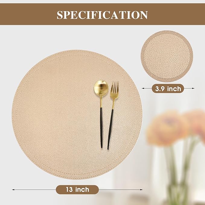 Set of 6 Faux Leather Gold Round Placemats and Coasters, Coffee Mats Kitchen Table Mats, Waterproof, Easy to Clean for Kitchen Dining Round Table