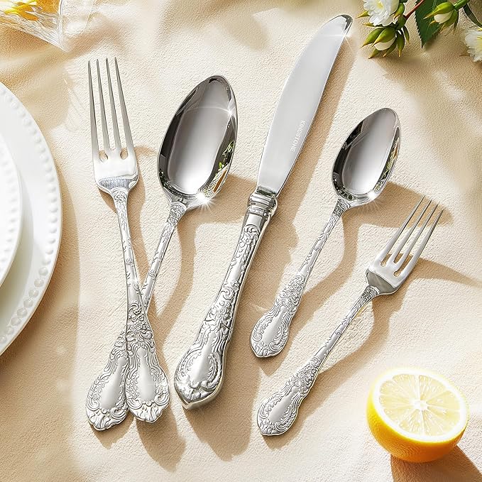 KINGSTONE Vintage Carved Silverware Set, 20-Piece 18/10 Stainless Steel Flatware Cutlery Set with Retro Royal Thick Handle, Tableware Utensils for Home, Restaurant, party, Wedding, Dishwasher Safe