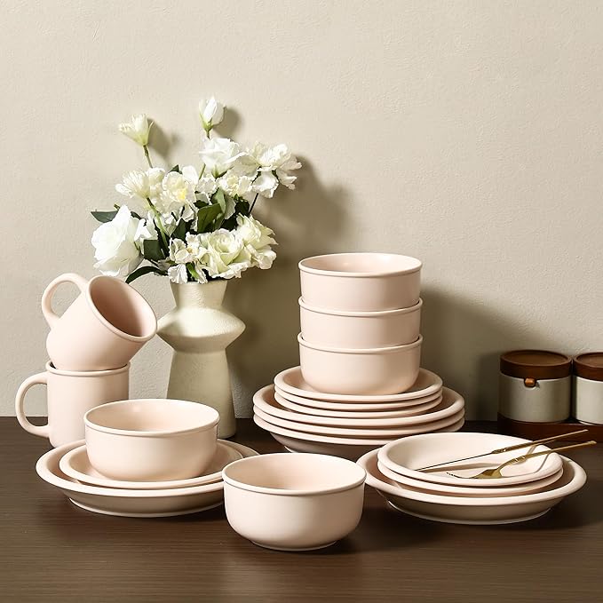 GZG 8 Inch Ceramic Dinner Salad Plates Set of 4, Rustic Matte Glaze Stoneware Dinnerware Set, Microwave & Dishwasher Safe, for Salad, Dessert, Appetizer, Everyday Use(Cream Mist)