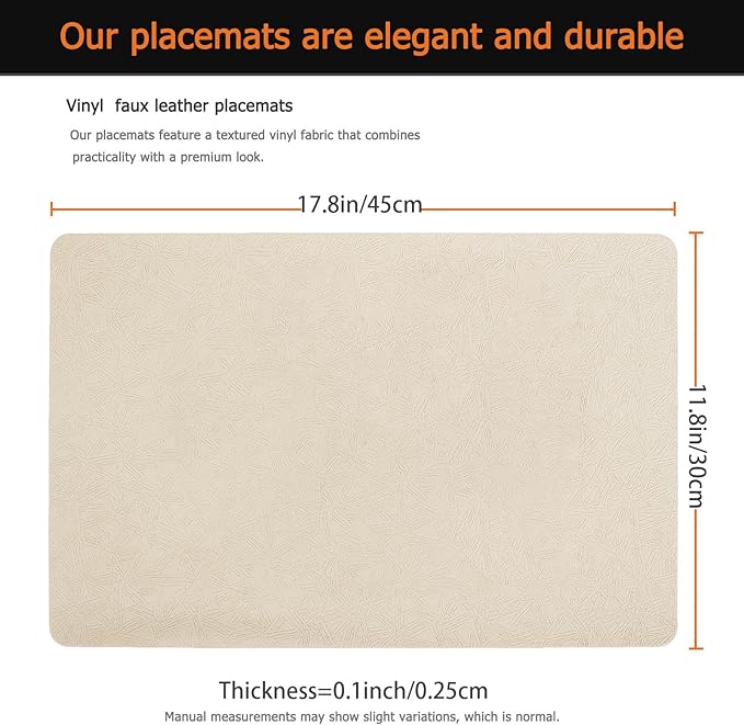 Vinyl Placemats Set of 12 Faux Leather 100% Waterproof Wipeable Washable Place Mats Heat Resistant Easy Clean Non-Slip Table Mats for Indoor Outdoor. (12,Beige)