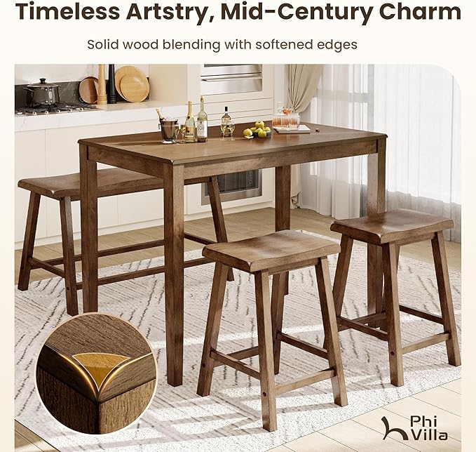 PHI VILLA Kitchen Table with Bench and Chairs, Counter Height Table and Chairs, Solid Wood Small Dining Table Set for 4, High Top Kitchen Table Chairs Set of 4, Rustic Caramel