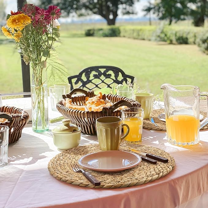 Aneco 4 Pack 13.8-Inch Round Woven Placemats Natural Hand-Woven Boho Rattan Wicker Bulrush Placemat Farmhouse Rustic Braided Table Mats for Dining & Kitchen Decor
