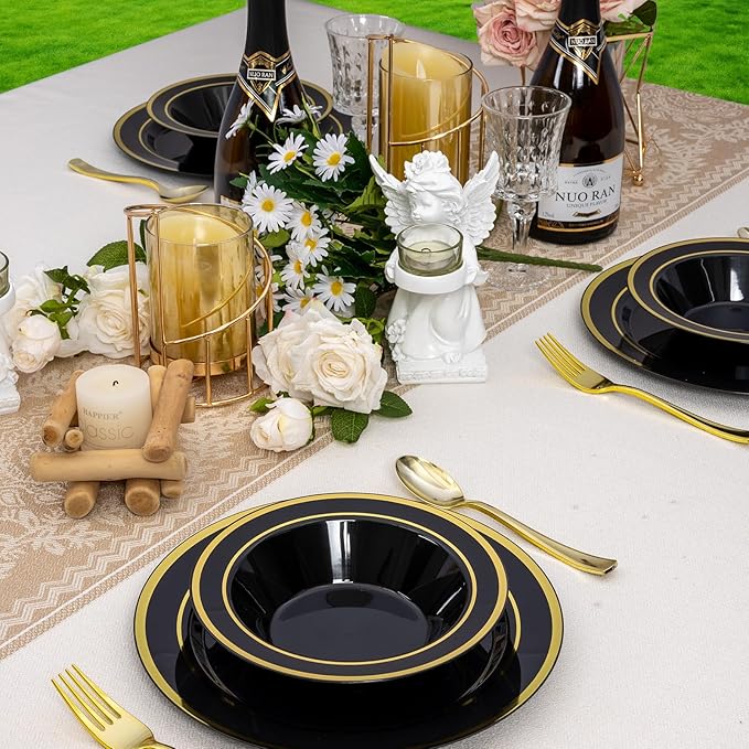 50 Pack Black Disposable Soup Bowls with Gold Rim,12oz Disposable Soup Bowls,Disposable Soup Dessert Salad Bowls for Wedding/Party/Catered Events