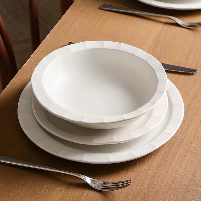Stone Lain Oasis Stoneware 24 Piece Dinnerware Set, Home Kitchen Dish Set with Dinner Plates, Salad Plates & Bowls - Service for 8, White