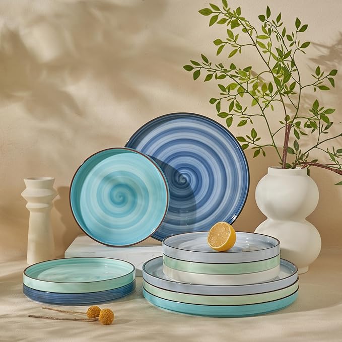 Sweese 10.5 Inch Porcelain Dinner Plates Set of 6, Gradient High Edge Dish Set - Dishwasher, Microwave, Oven Safe, Scratch Resistant, Kitchen Serving Dishes - Cool Assorted Colors