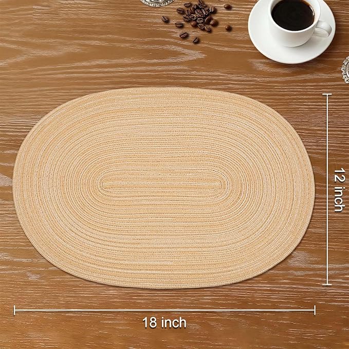 Noctiflorous Oval Braided Placemats Set of 6 Woven 12x18 Inch Non Slip Washable Heat Resistant Place Mats Round Tablemats for Dining Kitchen Party Daily Table Decor Dinner Mats (Beige Brown, 6)