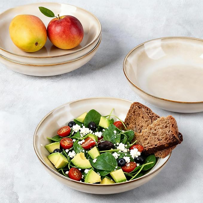 AmorArc 8.5'' Large Pasta Bowls, 36oz Ceramic Salad Serving Bowls Set of 6 for Kitchen, Wide Stoneware Bowls for Pasta,Salad,Fruit,Bread, Microwave Safe, Cappuccino