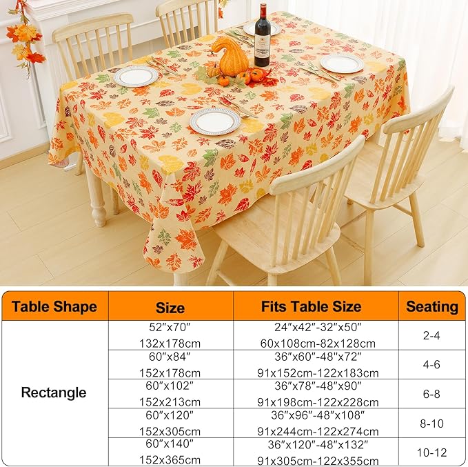 Smiry Fall Rectangle Table Cloth, Waterproof Vinyl Tablecloth with Flannel Backing, Wipeable Autumn Leaves Plastic Tablecloths for Harvest and Thanksgiving Parties, (60"x84", Rust & Yellow)