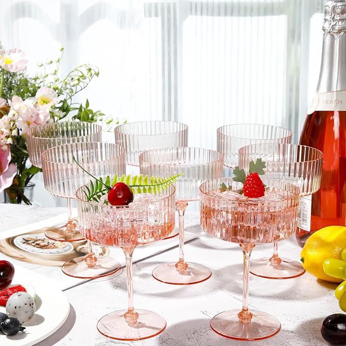 48 Pcs Ribbed Martini Glasses 10 oz Disposable Plastic Vintage Ribbed Coupe Glasses Unbreakable Dessert Parfait Glassware for Wedding Birthday Party Supplies (Champagne Powder)