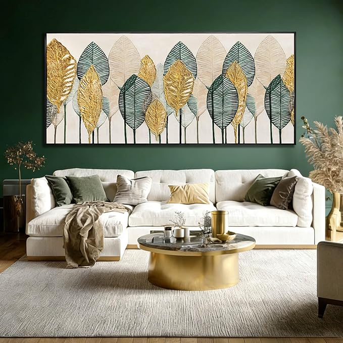 CHUDANHAO Green and Gold Wall Art Leaves Wall Decor Modern Canvas Painting 32"x70" Pictures for Dining Room Area Large Artwork for Living Room