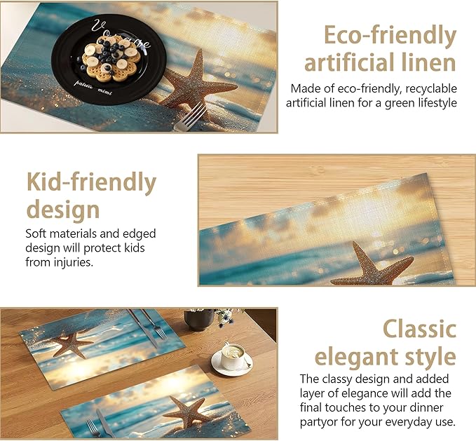 Placemats, Sunrise Starfish Beach Placemats 12x18 Inch Waterproof Non-Slip Washable Table Mats for Kitchen Dining Party Table Decor,Set of 6