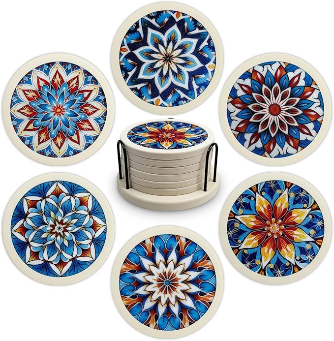 Mandala Non-Slip Silicone Coasters, 4-Pack Double-Sided Absorbent Cup Mats for Hot & Cold Drinks, Scratch & Water Ring Protection for Wood Tables, Home Office Bar Use (6PC Wanda La)