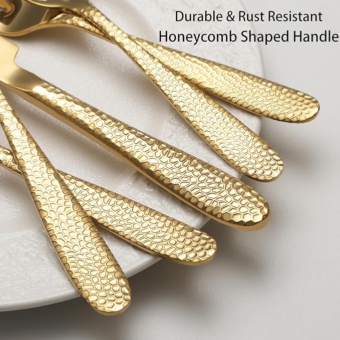 Gold Hammered Silverware Set, 20 Piece Stainless Steel Heavy Duty Flatware Set for 4, Food-Grade Tableware Cutlery Set for Home Restaurant, Mirror Polished, Dishwasher Safe