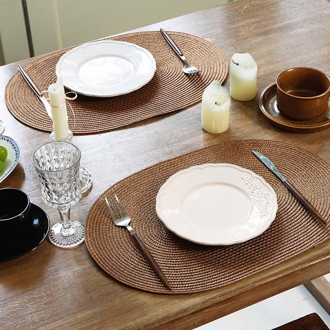 FunWheat Oval Braided Placemats Set of 6 Table Mats for Dining Tables Washable Heat Resistant Place Mats for Indoor Outdoor Use 12 x18 Inch(Oval Light Brown, 6pcs)