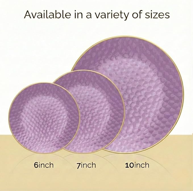 R-kay 100 Pack Purple Plastic Plates - 6 Inch Hammered With Gold Rim, Sturdy, Durable And Extra Heavy duty Purple Plastic Dessert Plates Disposable - Ideal For Appetizer And And For Desserts.