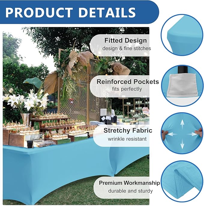 Spandex Table Cloths for 8 Foot Rectangle Tables-6 Pack Fitted Stretch Light Blue Table Covers-Folding Tablecloths for Party, Vendor Booth Display, Banquet Buffet Event, Craft Trade Show