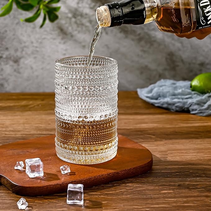 Vintage Glassware Drinking Glasses Set of 6,15 oz Hobnail Glass Cups,Embossed Clear Water Tumbler,for Beer,Cocktail,Whiskey,Juice and Various Mixed Drinks- 1 Cleaning Brush