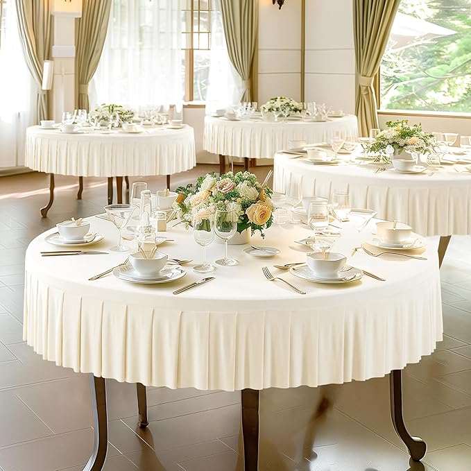 Ivory Spandex Round Tablecloths - 6 Pack, Fitted 5FT, Wrinkle Free Table Cover with Skirt for Wedding Party Dining Banquet