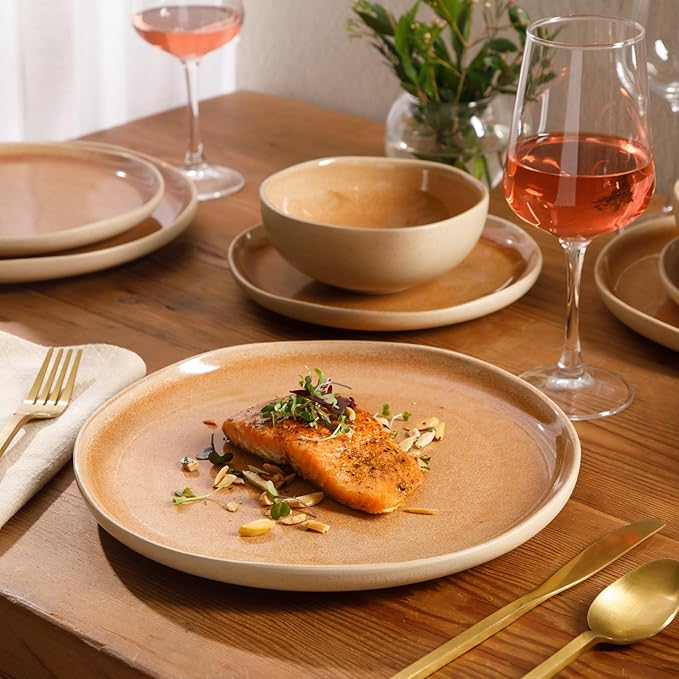Gibson Elite Manila Bay 12-Piece Stoneware Dinnerware Set, Service for 4, Reactive Glaze Modern Artisan Plates, Bowls & Mugs, Orange, Round Design