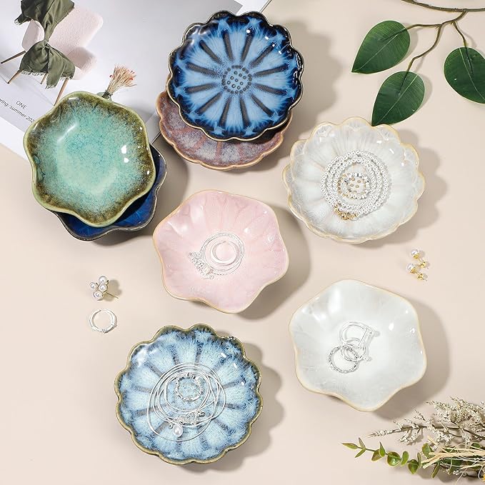 uxcell 2Pcs Ceramics Jewelry Plate, Sunflower Shape Key Holder Bowl for Entryway Table Decor Small Ring Tray Dish Gift for Women Girlfriend, White