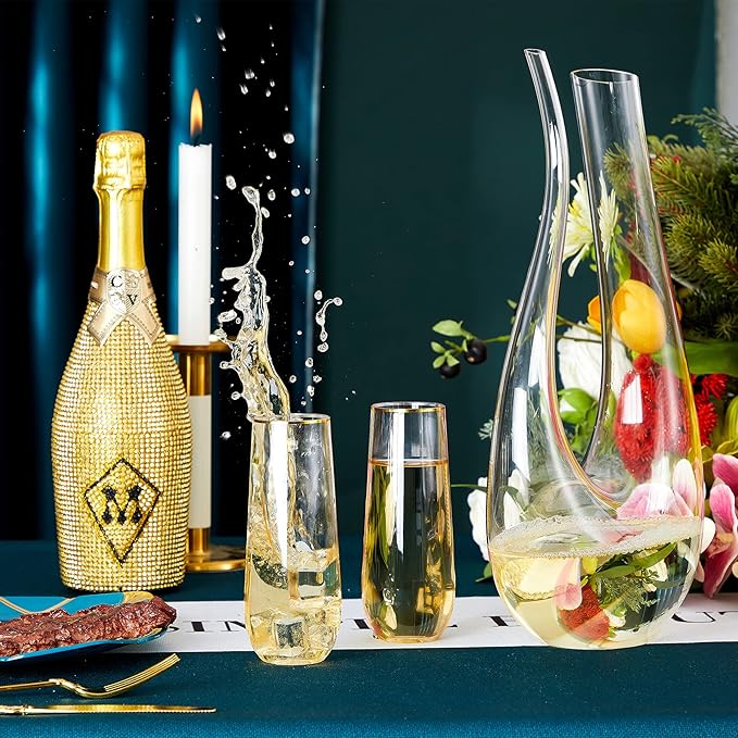 N9R 24PCS Plastic Champagne Flutes, 9 Oz Stemless Disposable Gold Rim Toasting Glasses, Crystal Clear Cocktail Cups Drinkware Shatterproof Ideal for Party Wedding Birthday
