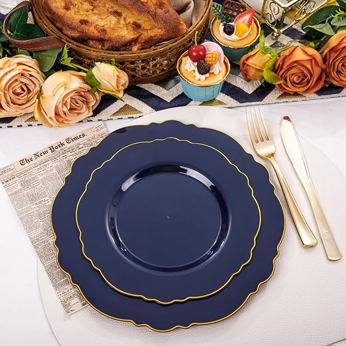 WDF 100pcs Blue Plastic Plates - Baroque Blue&Gold Disposable Plates for Parties/Wedding-50Plastic Dinner Plates 10.25in, 50Salad Plates 7.5in for Party/Birthday/Wedding