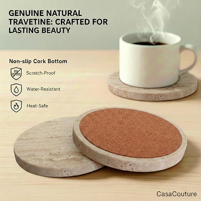 Travertine Stone Coasters Set of 4 ，4 inch Round Coasters Make a Great Housewarming, Providing Sturdy and Durable Desktop Protection for a Variety of Cups