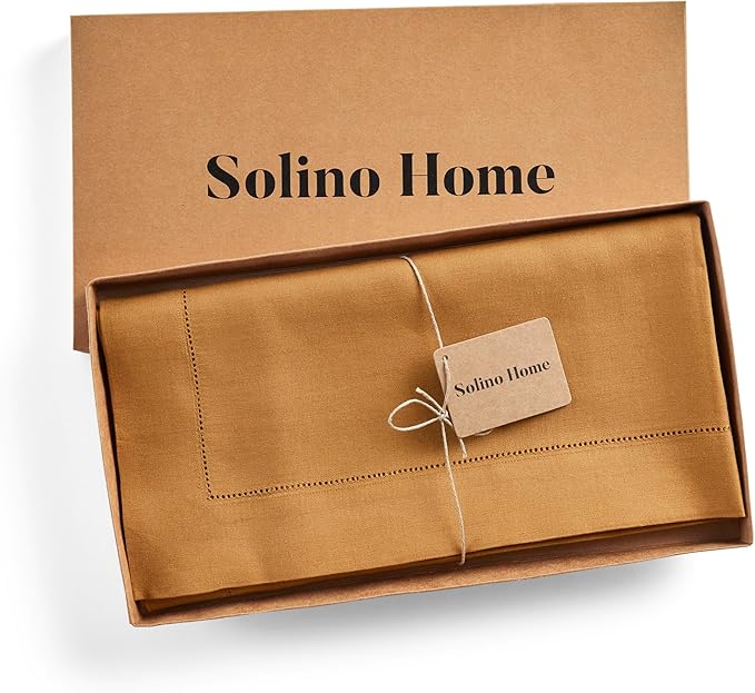 Solino Home Square Linen Tablecloth 52 x 52 Inch - 100% Pure Linen Brown Sugar Table Throw - Classic Hemstitch, Machine Washable Table Cloth