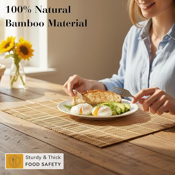 6-Pack Bamboo Placemats,Woven Heat-Resistant Rectangular Table Mats, Natural Dining Place Mats, Rustic Japanese Style Wood Mats for Indoor Dining, Kitchen and Party Use, Coffee