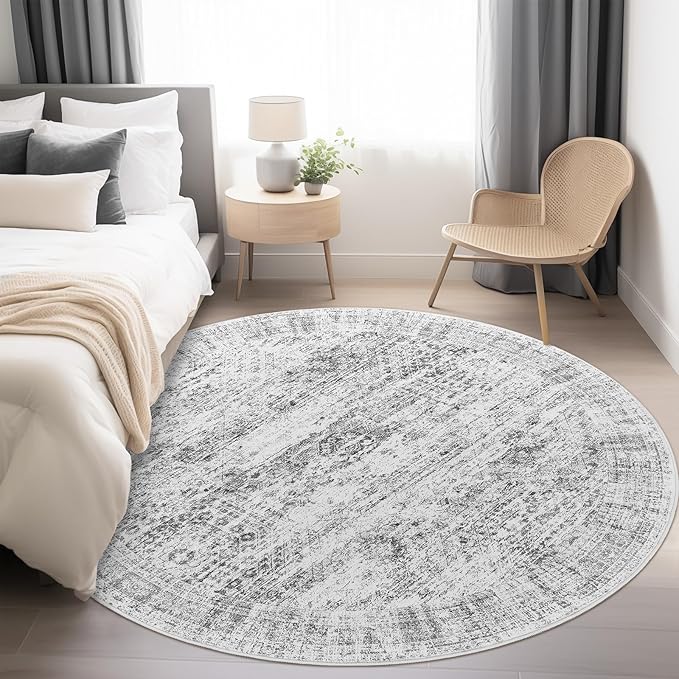 9x9 Grey Round Rug 9ft Living Room Circle Rug Vintage Round Area Rug Non Slip Indoor Carpet for Apartment