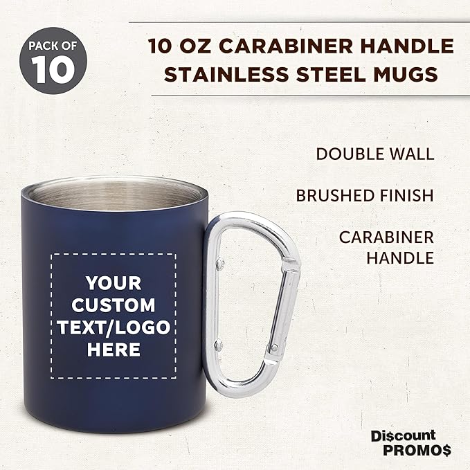 Custom Stainless Steel Mugs with Carabiner Handle 10 oz. Set of 10, Personalized Bulk Pack - Perfect for Coffee, Soda, Other Hot & Cold Beverages - Navy Blue