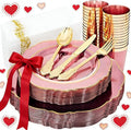KIRE 210Pcs Clear Pink Plastic Plates with Gold Rim - Disposable Pink Plates&Silverware&Pink Cups&Hand Napkin - Plum Colored Plastic Dinnerware for Upscale Wedding/Valentine's Day