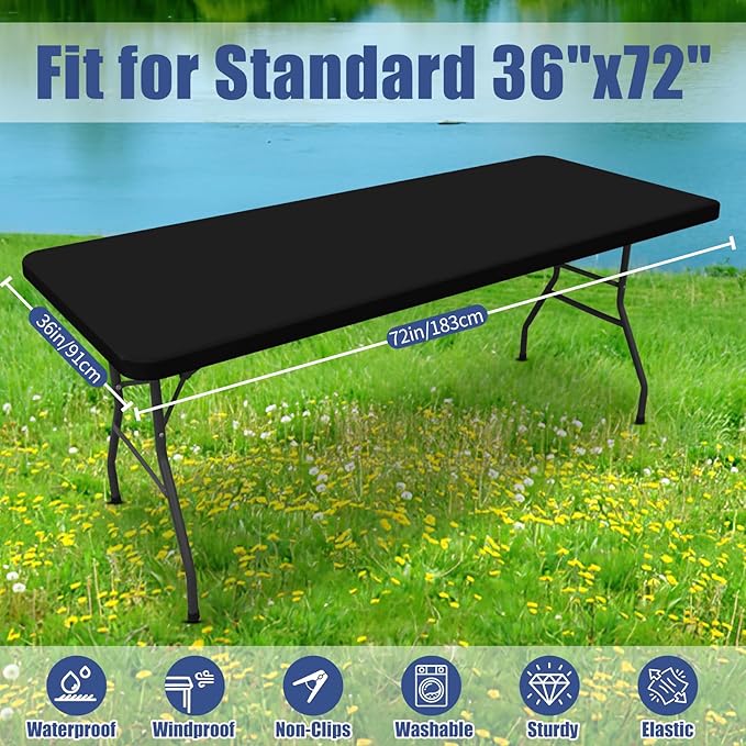 Spandex 6 Foot Rectangle Table Cloth 2 Pack, Elastic Fitted Tablecloths for Picnic, Stretch Washable Patio Table Cover for Outdoor, Camping, Banquet and Parties (Black, 36"x72")
