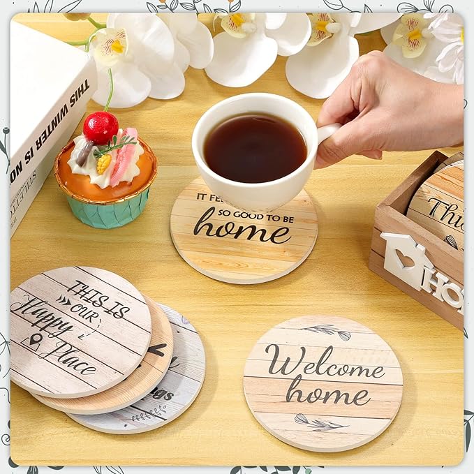 Billbotk House Warming Gifts for Home Decoration, Wood Farmhouse Coasters Set of 8, Drink Coasters for Housewarming Gifts, Coffee Table Decor, Home Decor