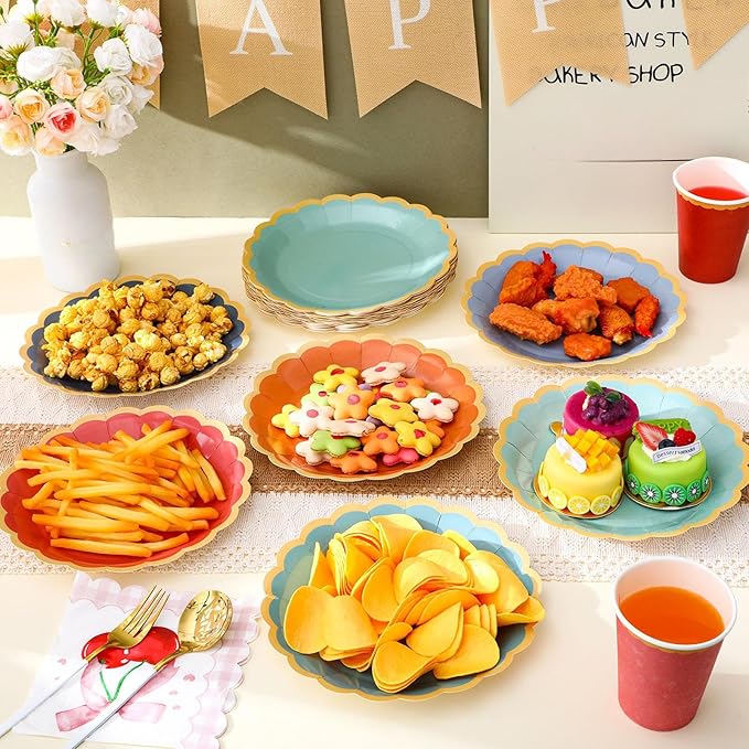48 Pcs Boho Colorful Paper Plates 9 Inch Gradient Scalloped Paper Plates Disposable Dinner Dessert for Birthday Wedding Bridal Party Supplies, 6 Colors