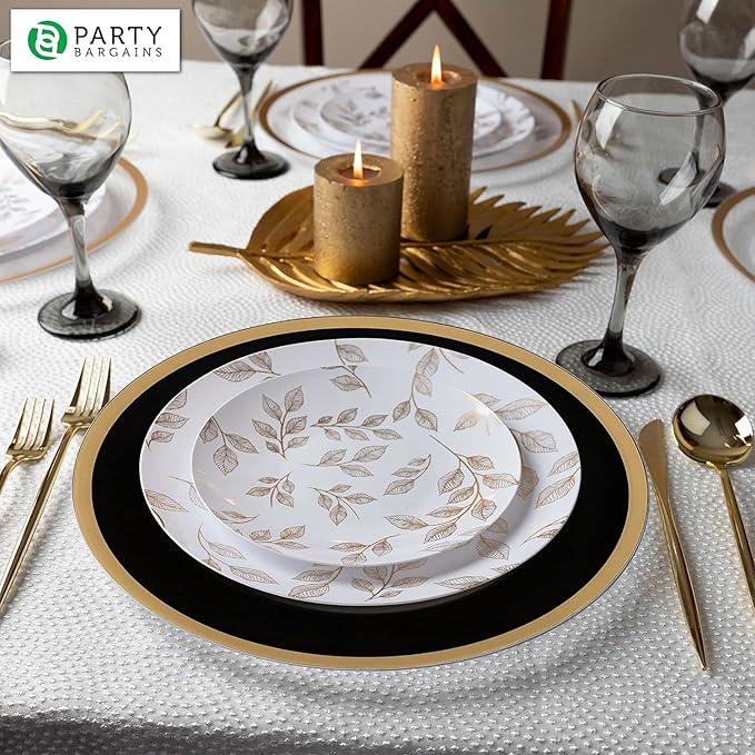PARTY BARGAINS 13-Inch Charger Plates - 8 Pack, Black Gold Rim, Heavy-Duty Disposable Chargers for Elegant Dining - Ideal for Weddings and Formal Events