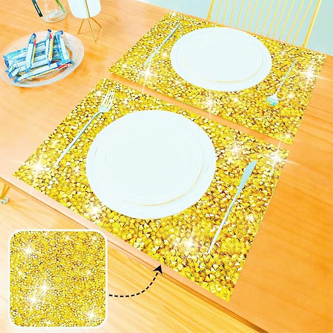 Gold Placemats Gold Heat Resistant Mat Square Placemats Trivets Rhinestone Decor Place Mat Crushed Diamond Decor Bling Sparkly Mat Set of 4